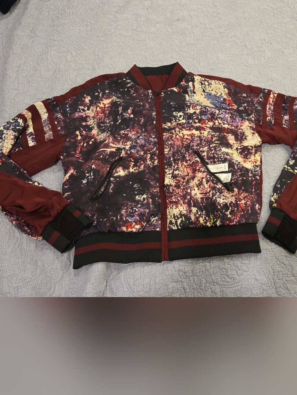 Reversible Blanc Noir 100% Silk Tie-Dye Print Bomber Jacket - Size S